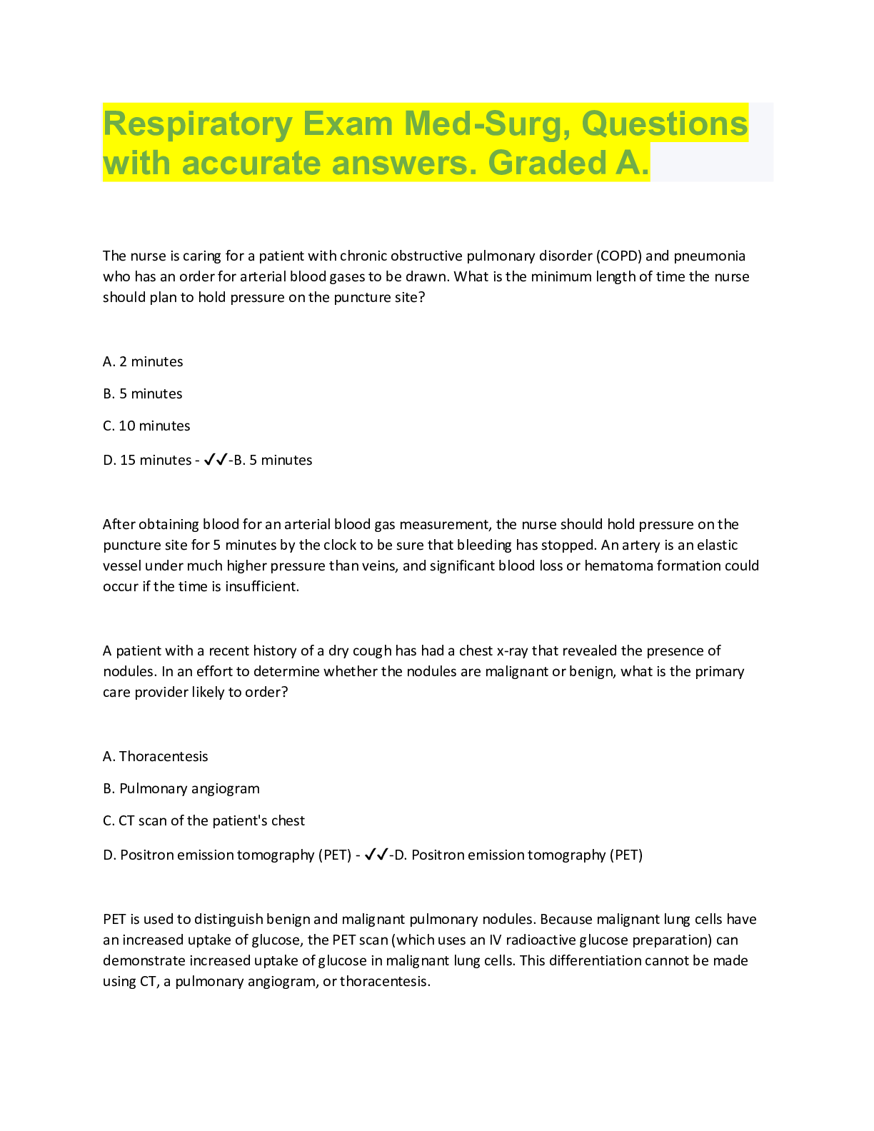 Preview image for Respiratory Exam Med-Surg, Questions  with accurate answers. Graded A.